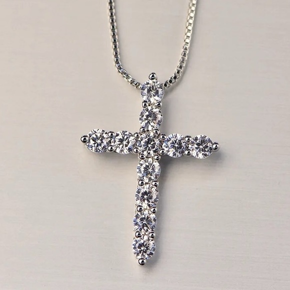New Simulated Diamonds Sterling Silver 18” Classic Cross Pendant Necklace - Picture 5 of 6